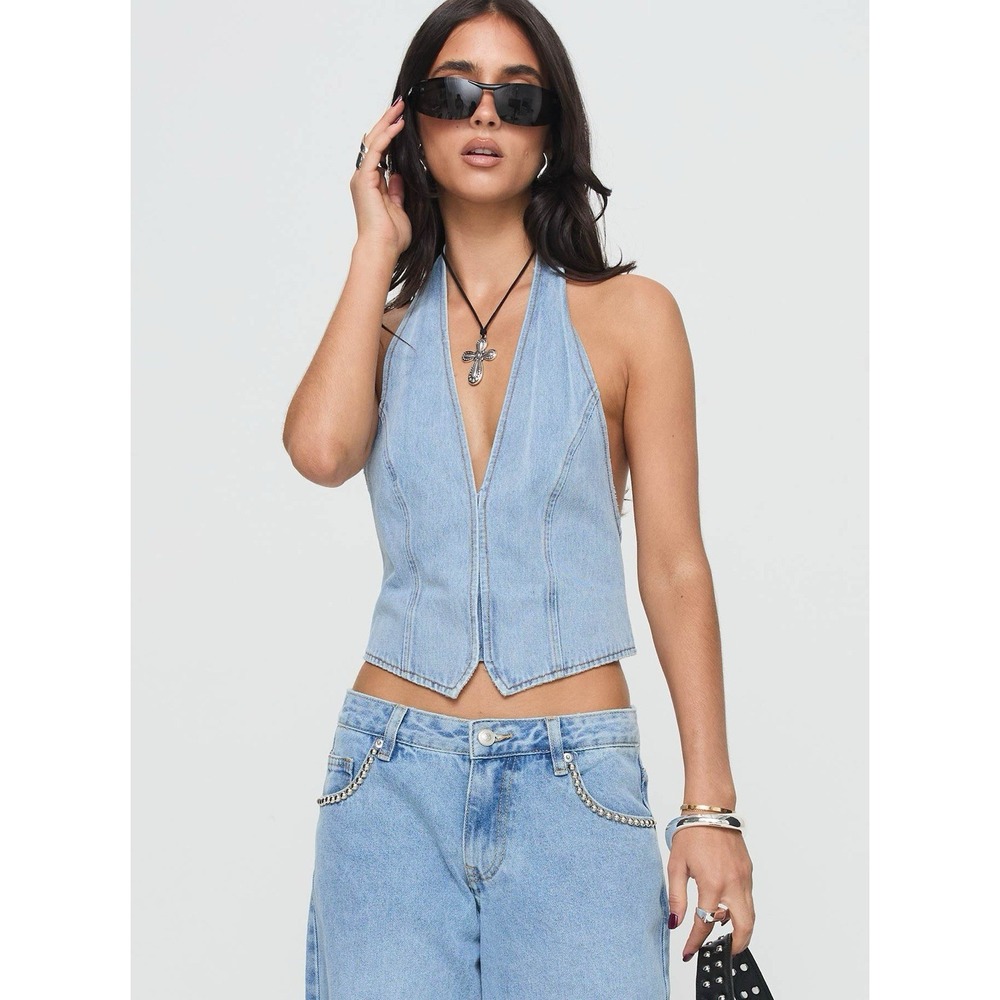 Lioness Denim Halter Top Je Suis Faded Light Wash Blue Adjustable NWT Size 2